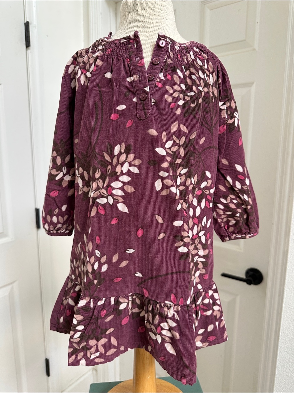 Baby GAP Girls Plum Corduroy Floral Long-Sleeved Smocked Neck Dress Size 3T
